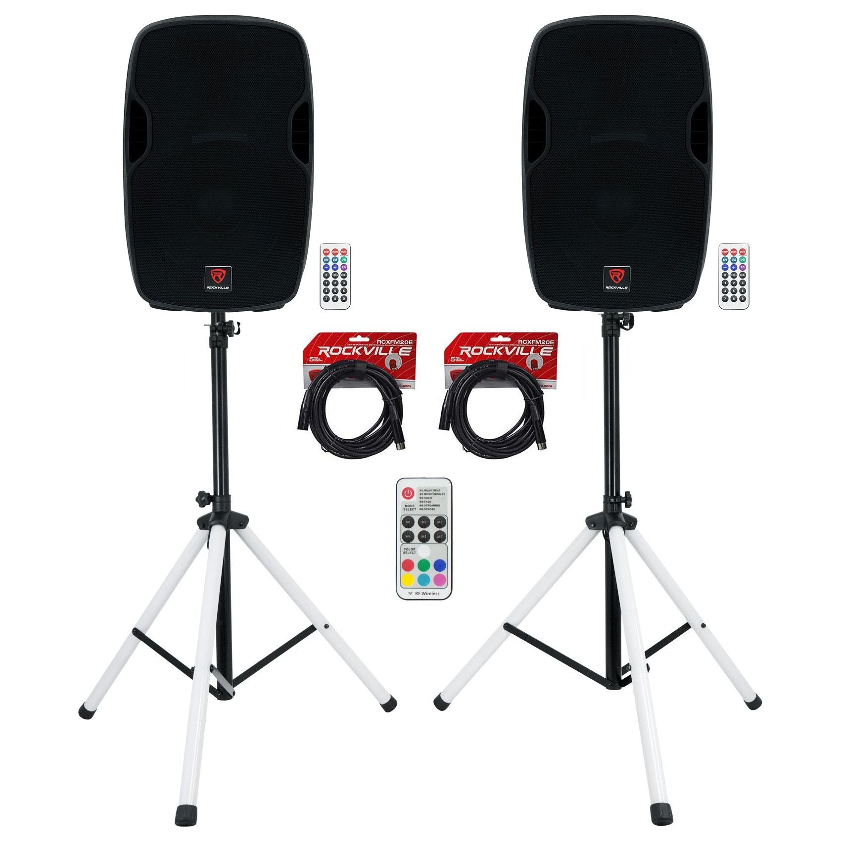 (2) Rockville BPA15 15" Powered 800w DJ PA Speakers wBluetooth+LED Stands+Cables