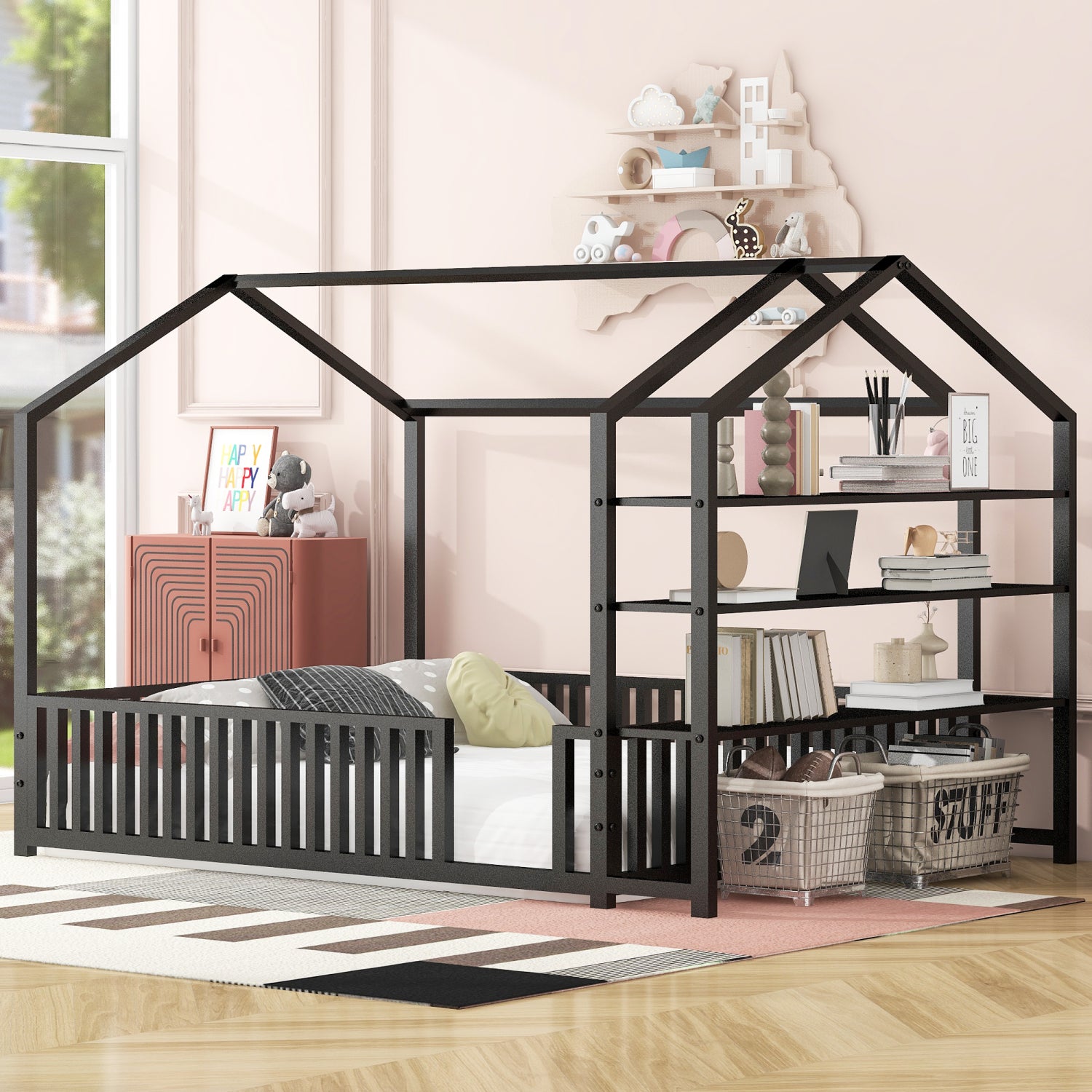 2594 Streamdale Metal House Bed with Fence and Shelves