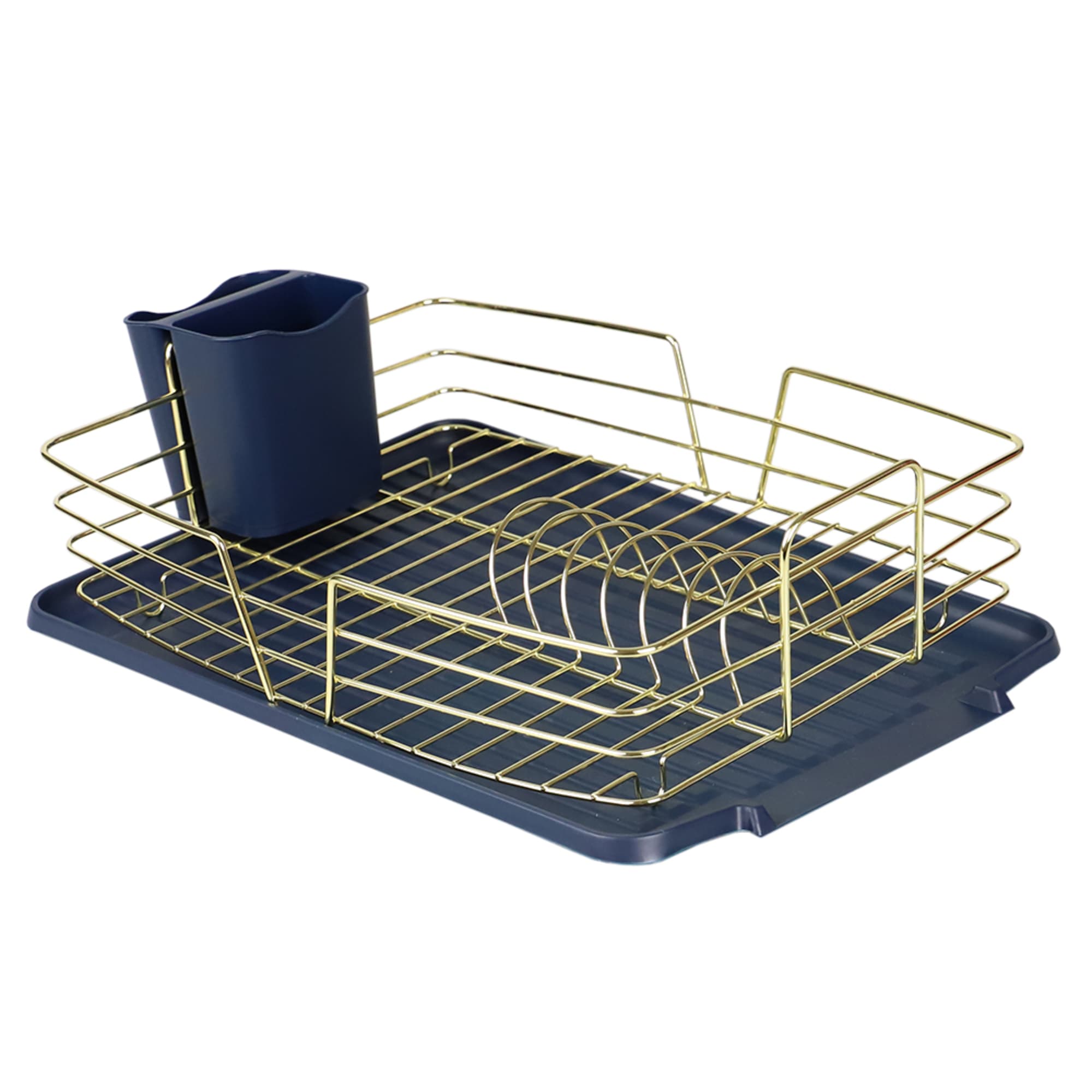 2186 Michael Graves Design Deluxe Dish Rack with Gold Finish Wire and Removable Dual Compartment Utensil Holder  Navy Blue Gold