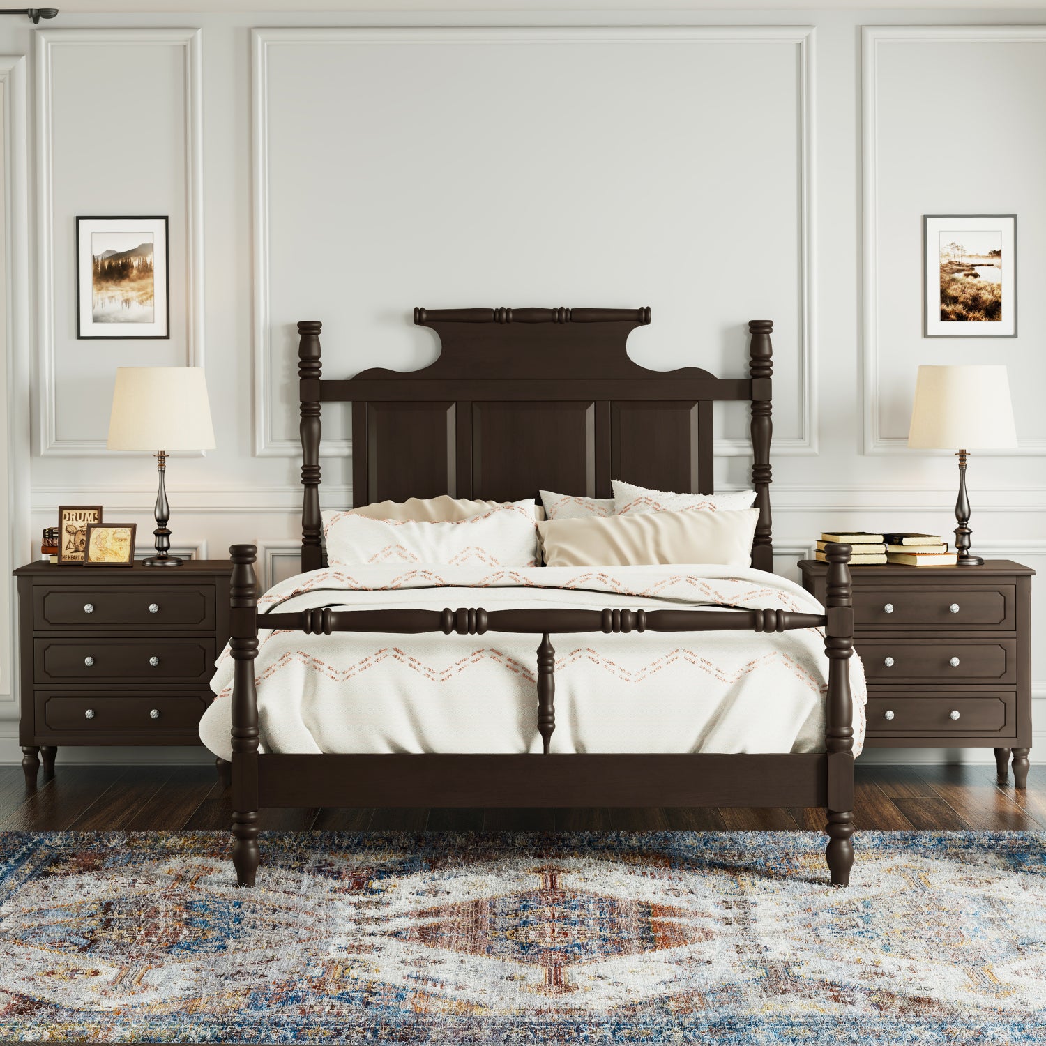 2594 Streamdale 3 Pc Queen Bed Set: Vintage Wood  4 Poster Bed & Nightstands