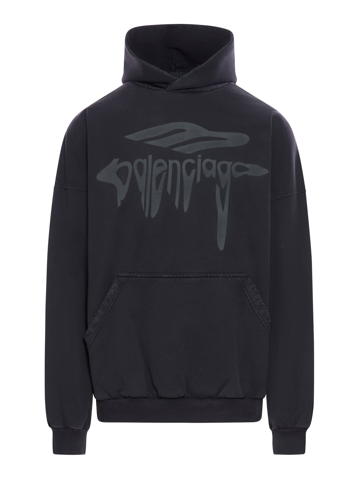 BALENCIAGA 3B LIQUIFIED LARGE FIT MEN`S HOODIE IN BLACK GREY
