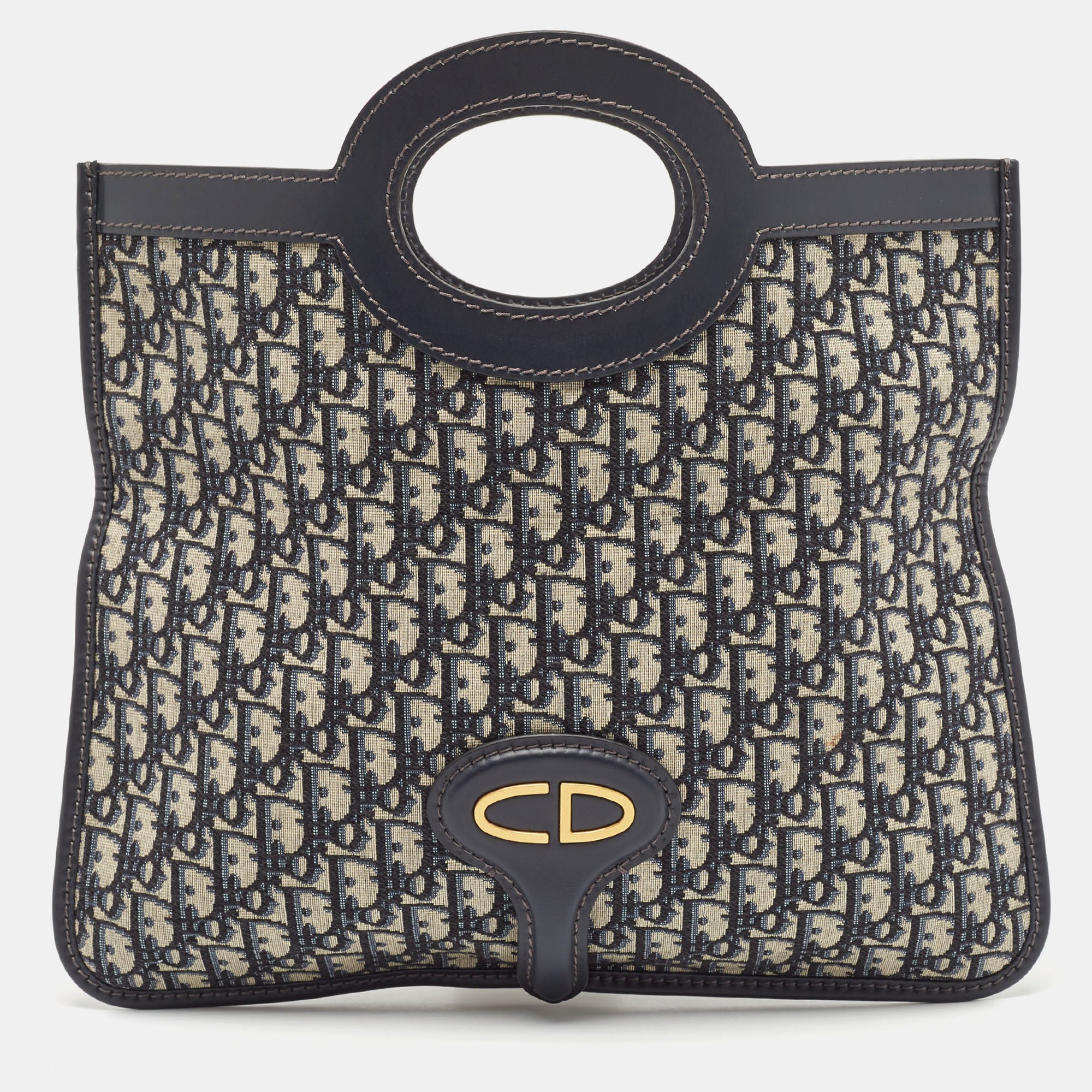 2613 Dior Navy Blue Oblique Canvas And Leather Fold Over Clutch