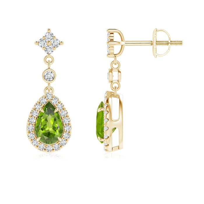 ANGARA Claw Set Pear Peridot and Diamond Halo Drop Earrings