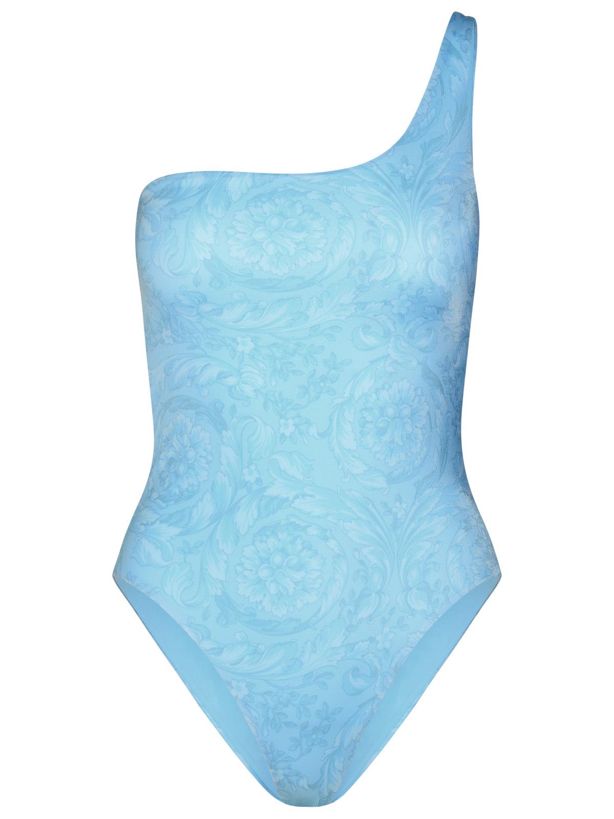 Versace Asymmetric 'Barocco' One Piece Swimsuit In Light Blue Polyester Blend