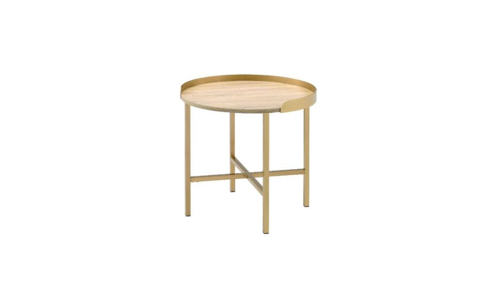 2736 22" Gold And Oak Manufactured Wood And Metal Round End Table