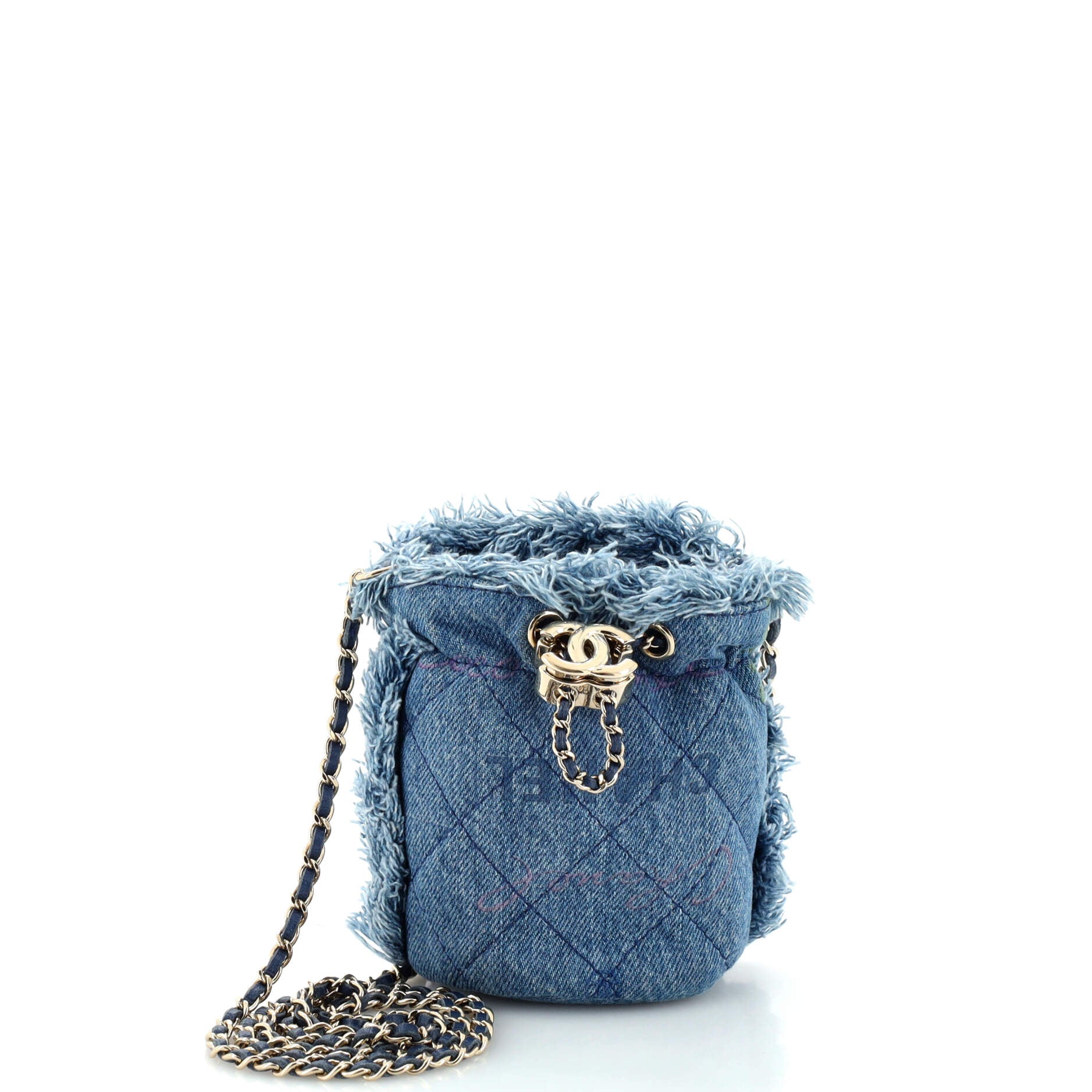 2860 Denim Mood Chain Bucket Bag Logo Printed Quilted Fringe Denim Mini