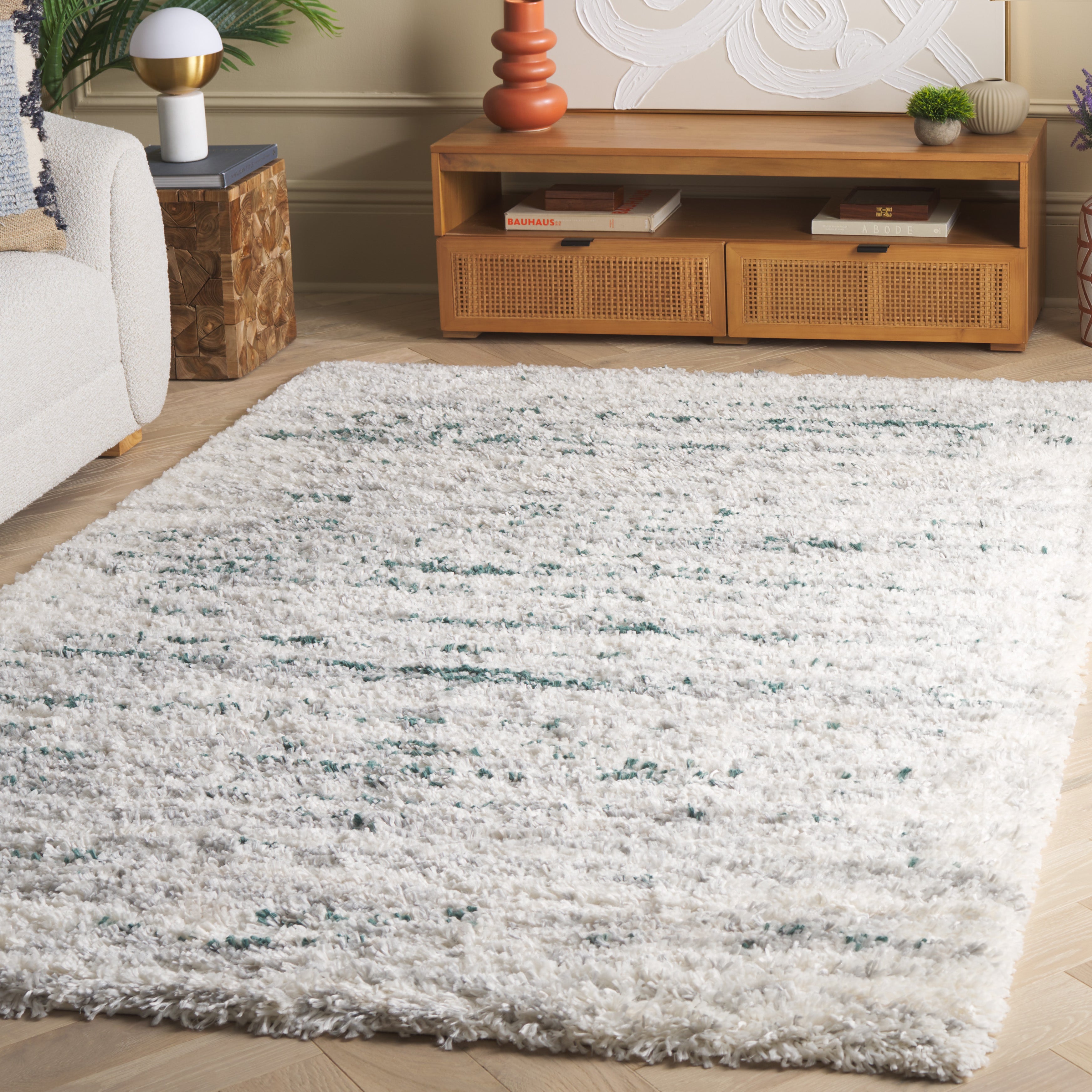 2346 Fontana Shag  Area Rug  Ivory   Green Modern Style Non Shedding