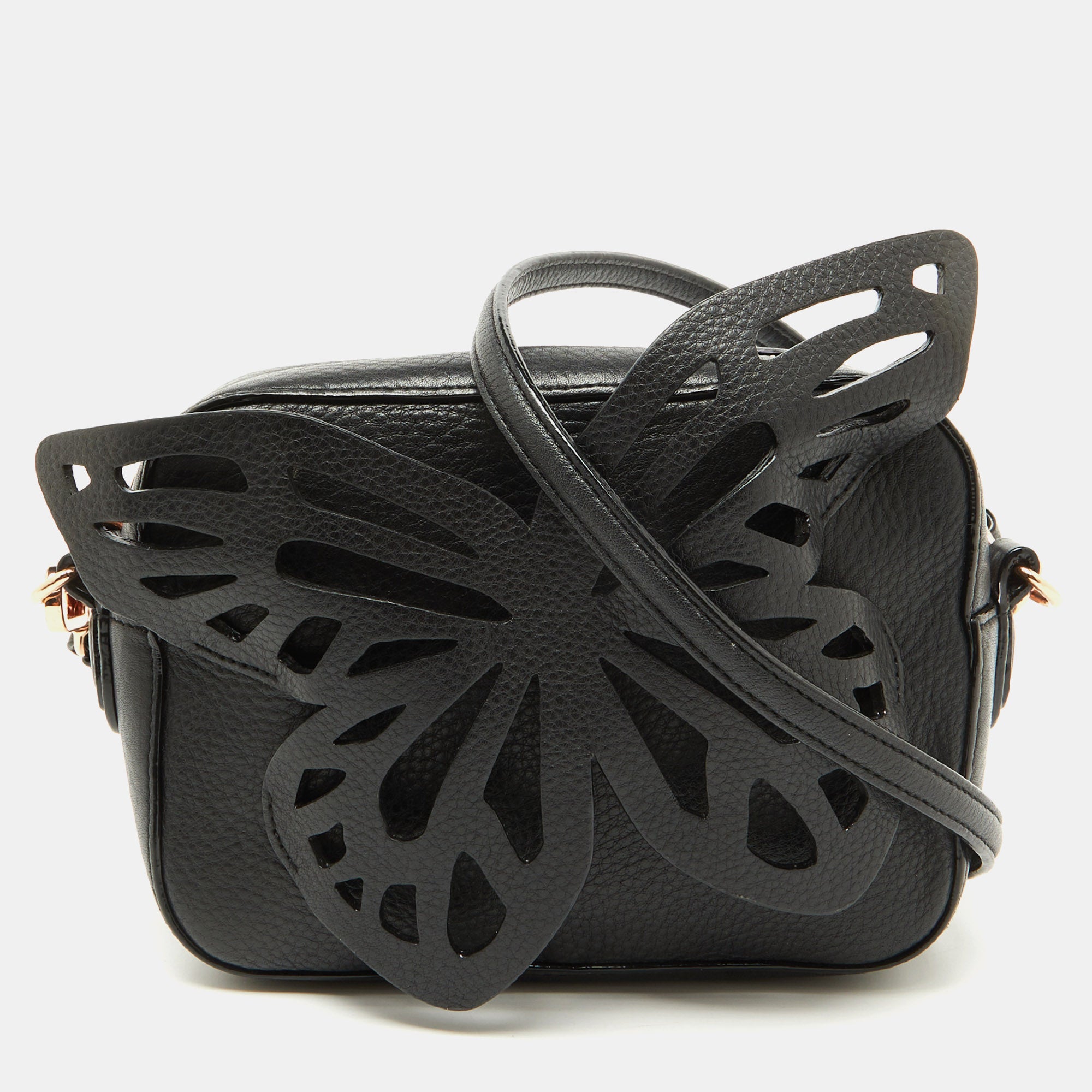 2613 Sophia Webster Black Leather Flossy Butterfly Camera Crossbody Bag