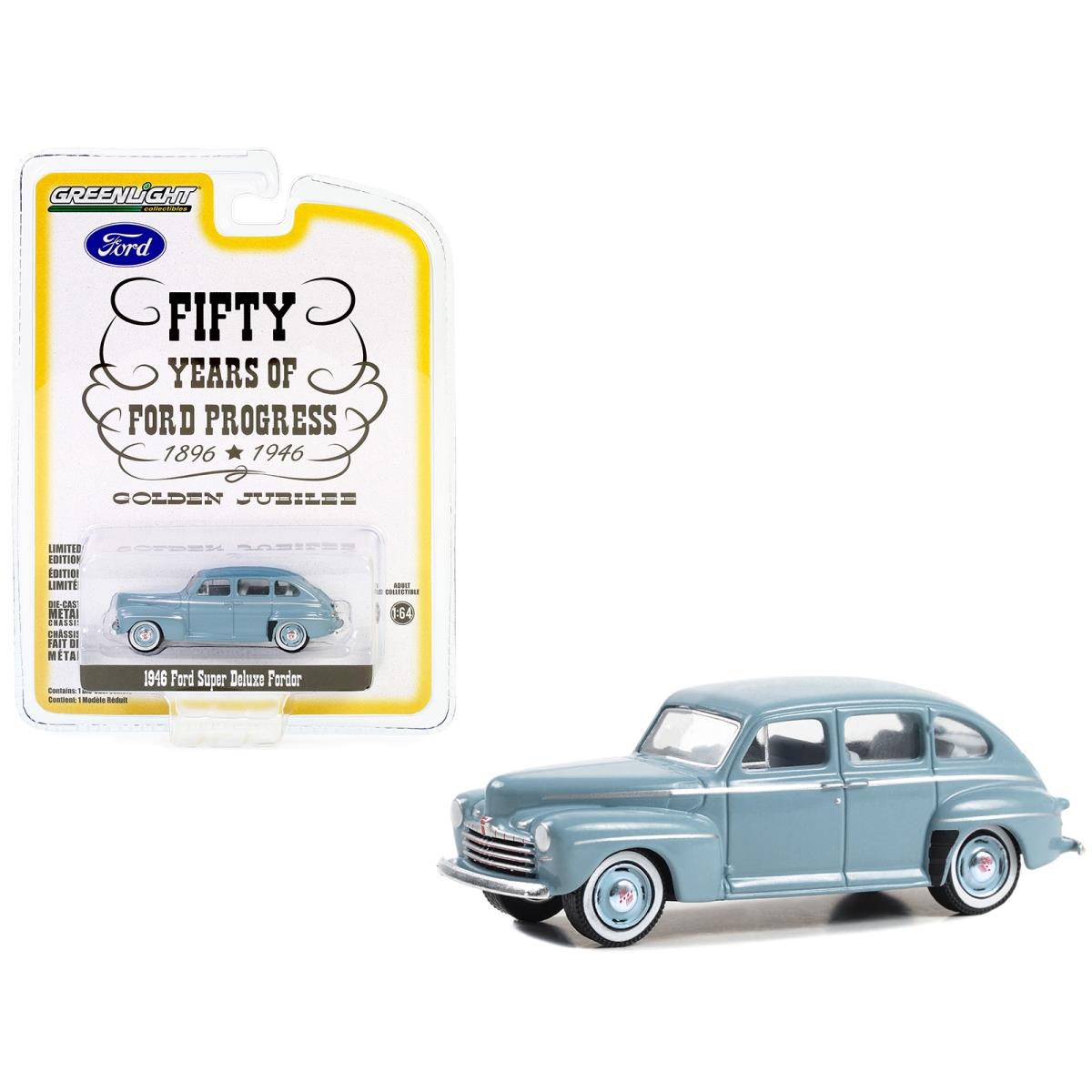 2297 Greenlight 1946 Ford Super Deluxe Fordor Light Blue Fifty Years of Ford Progress Golden Jubilee Anniversary Collection Series 16 1 64 Scale Diecast Model Car
