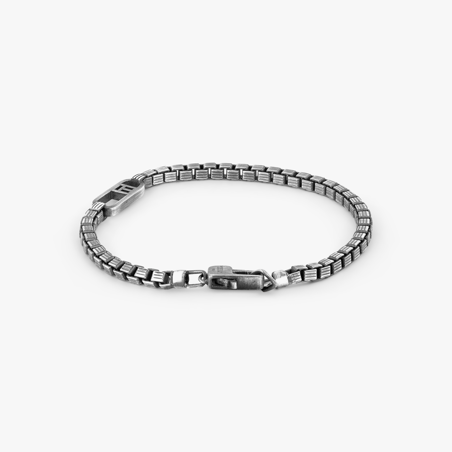TATEOSSIAN Catena Signifier Trigato Box Chain Bracelet in Oxidised Plated Silver with 'T' Logo