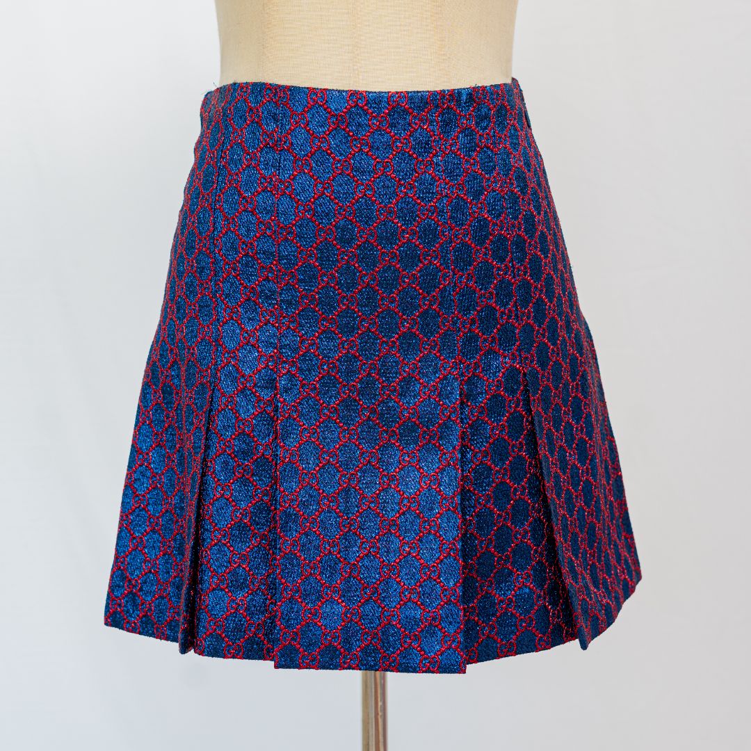 Gucci navy jacqured red guccisima mini pleated skirt