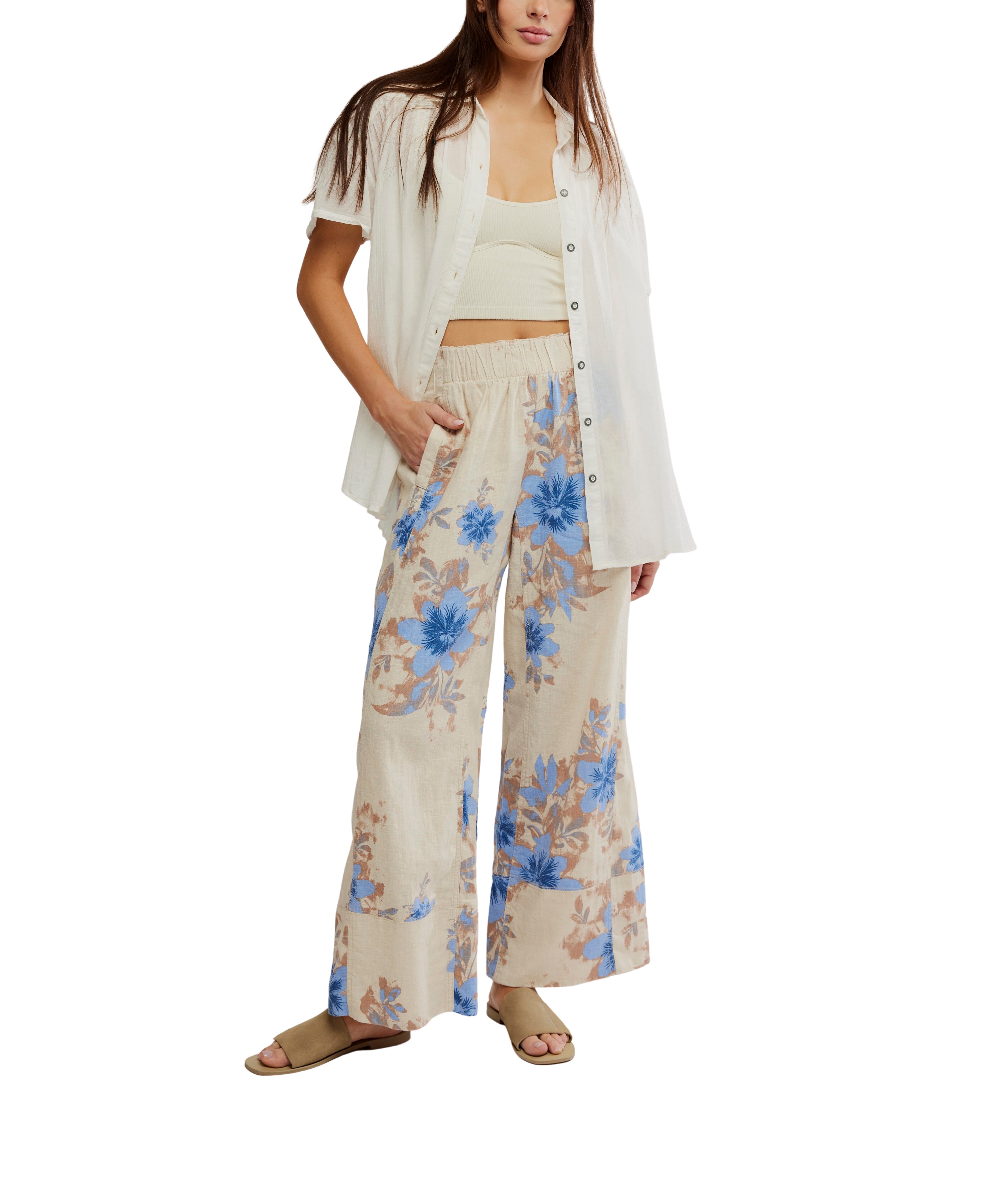 FREE PEOPLE Day's End Printed Linen Pull On Trousers in Ivory