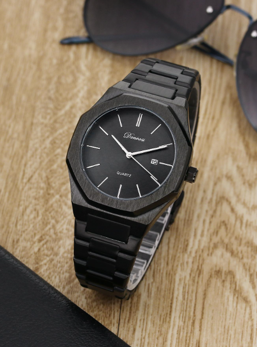 SHEIN PREORDER Shein   1pc Black Stainless Steel Strap Business Glow In The Dark Waterproof Calendar Polygon Dial Quartz Watch