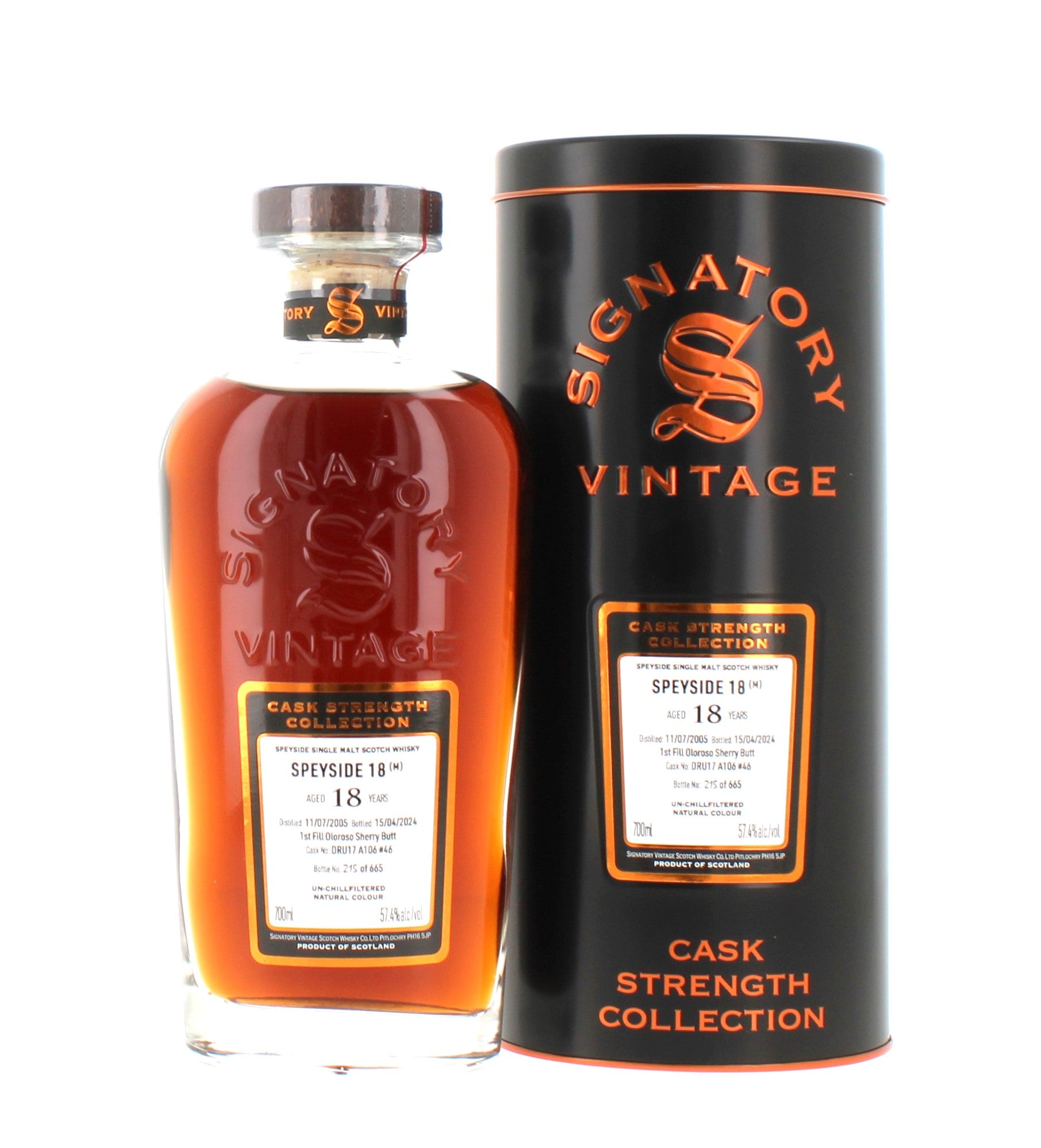 Speyside 18 Year Old M Signatory Cask Strength Single Malt Scotch Whisky   70cl 57.4%