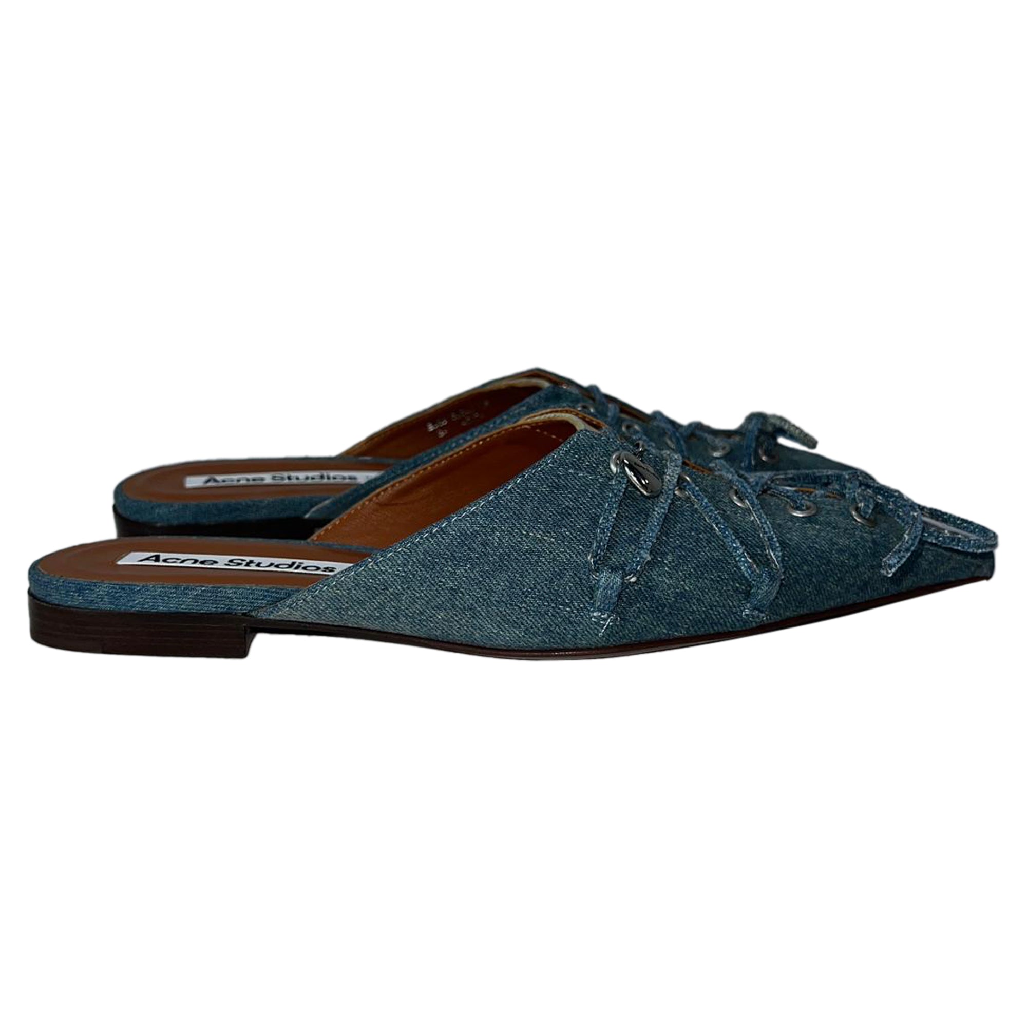 2604 Acne Studios Lace Up Detail Pointed Flat Mules in Blue Denim