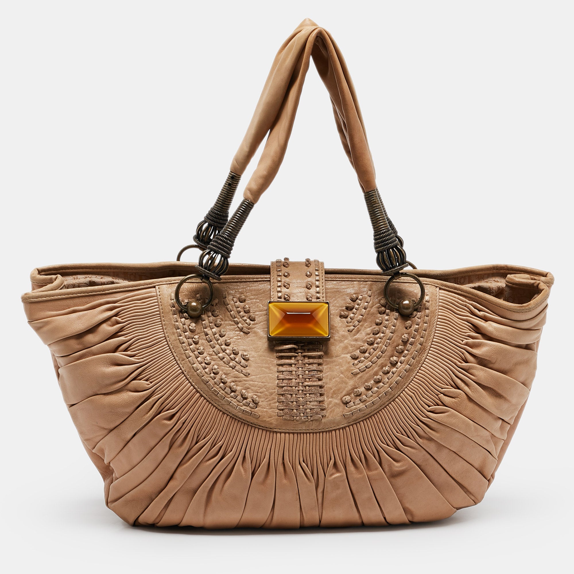 2613 Dior Beige Pleated Leather Plisse Tote
