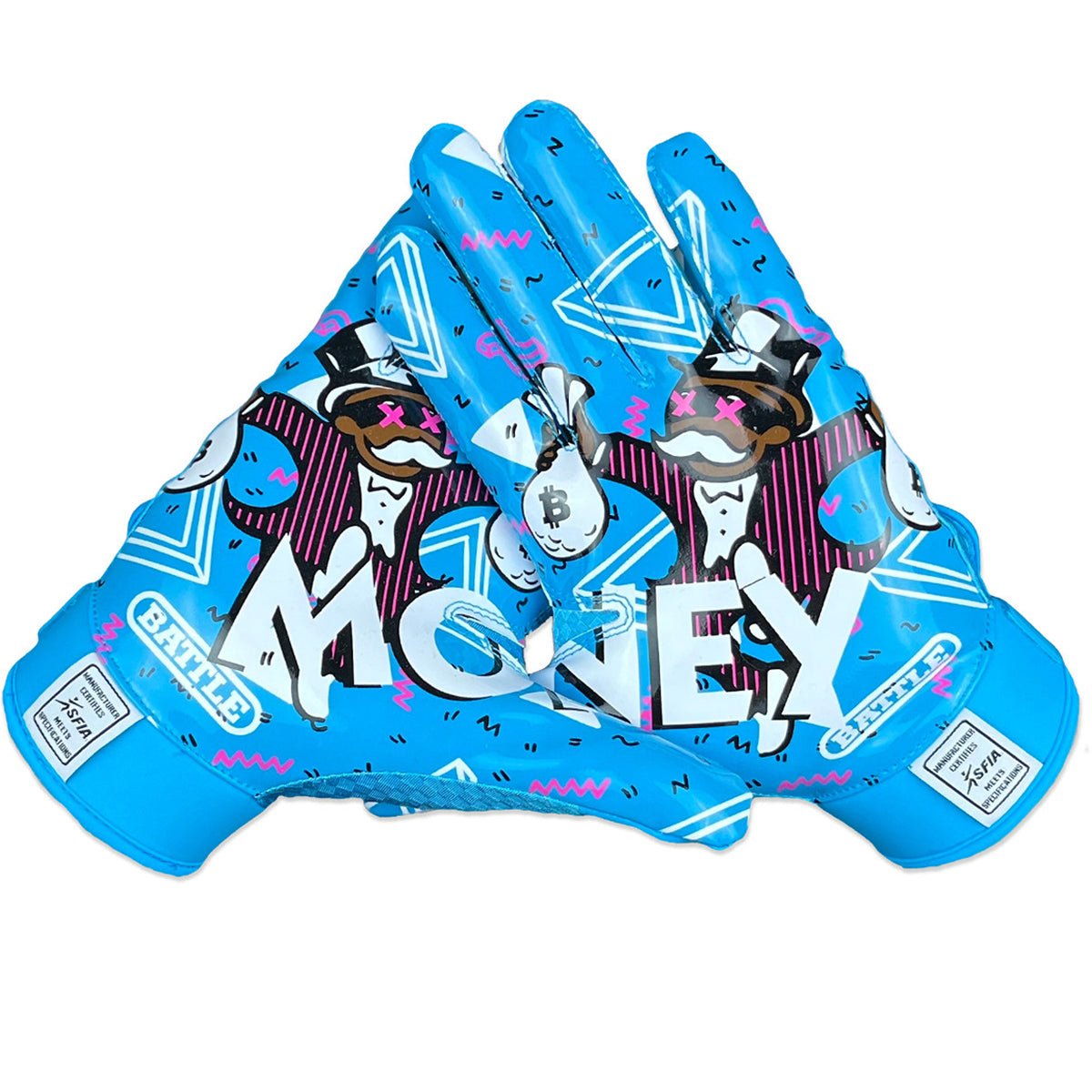Battle Sports Youth Money Man 2.0 Football Receiver Gloves   Neon Blue