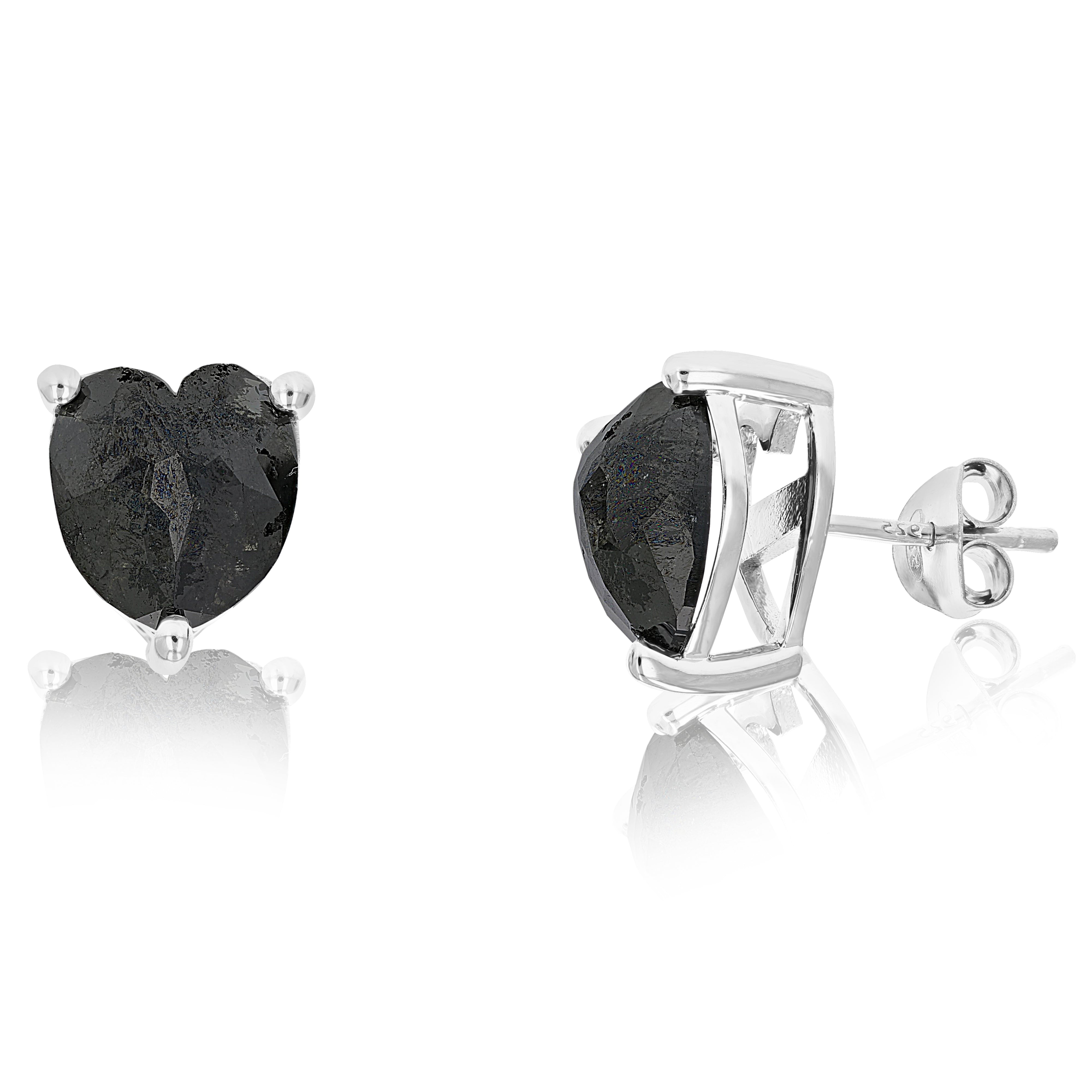 2156 6 cttw Heart Shape Black Diamond Stud Earrings .925 Sterling Silver Prong Set