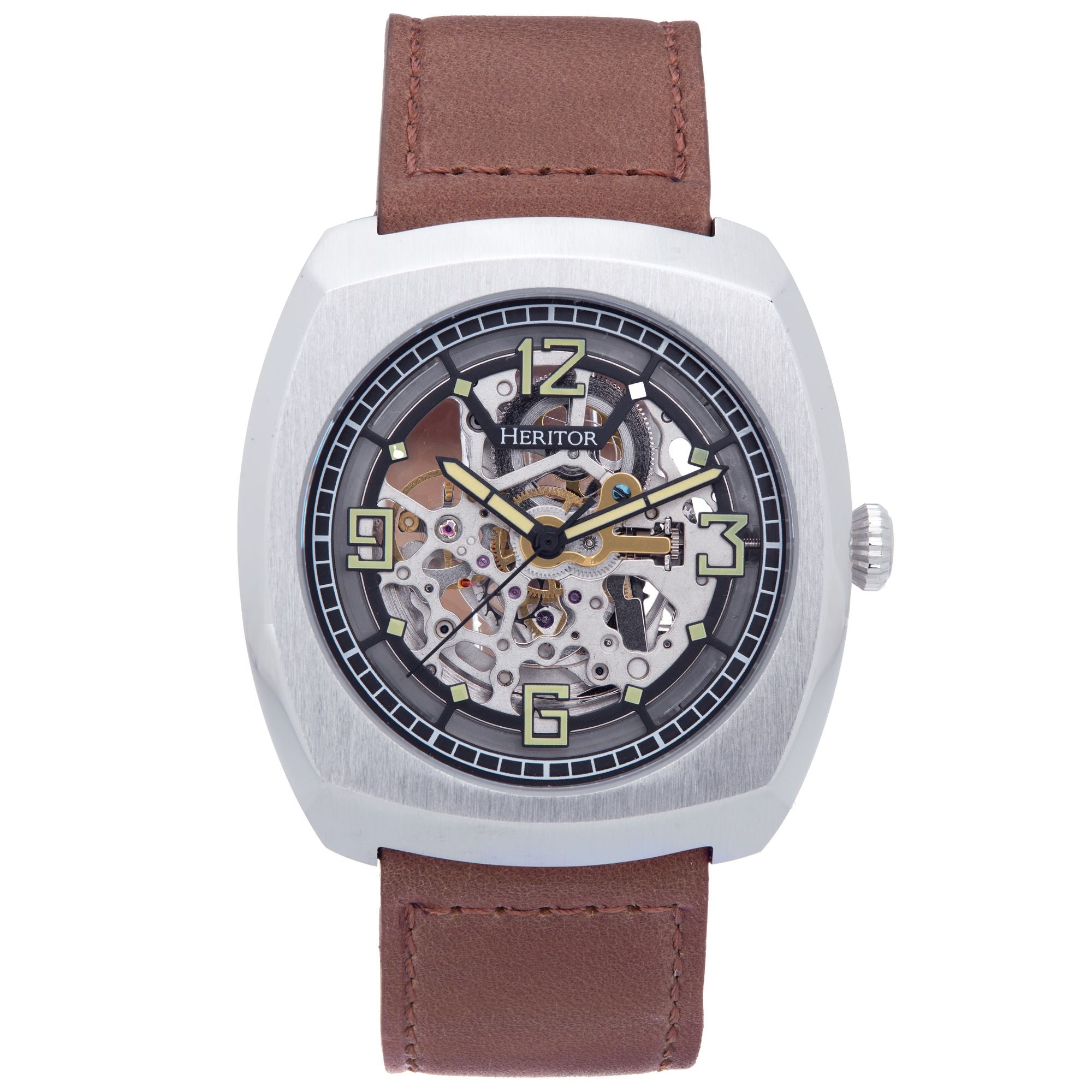 2889 Heritor Automatic Gatling Skeletonized Leather Band Watch   Silver Light Brown