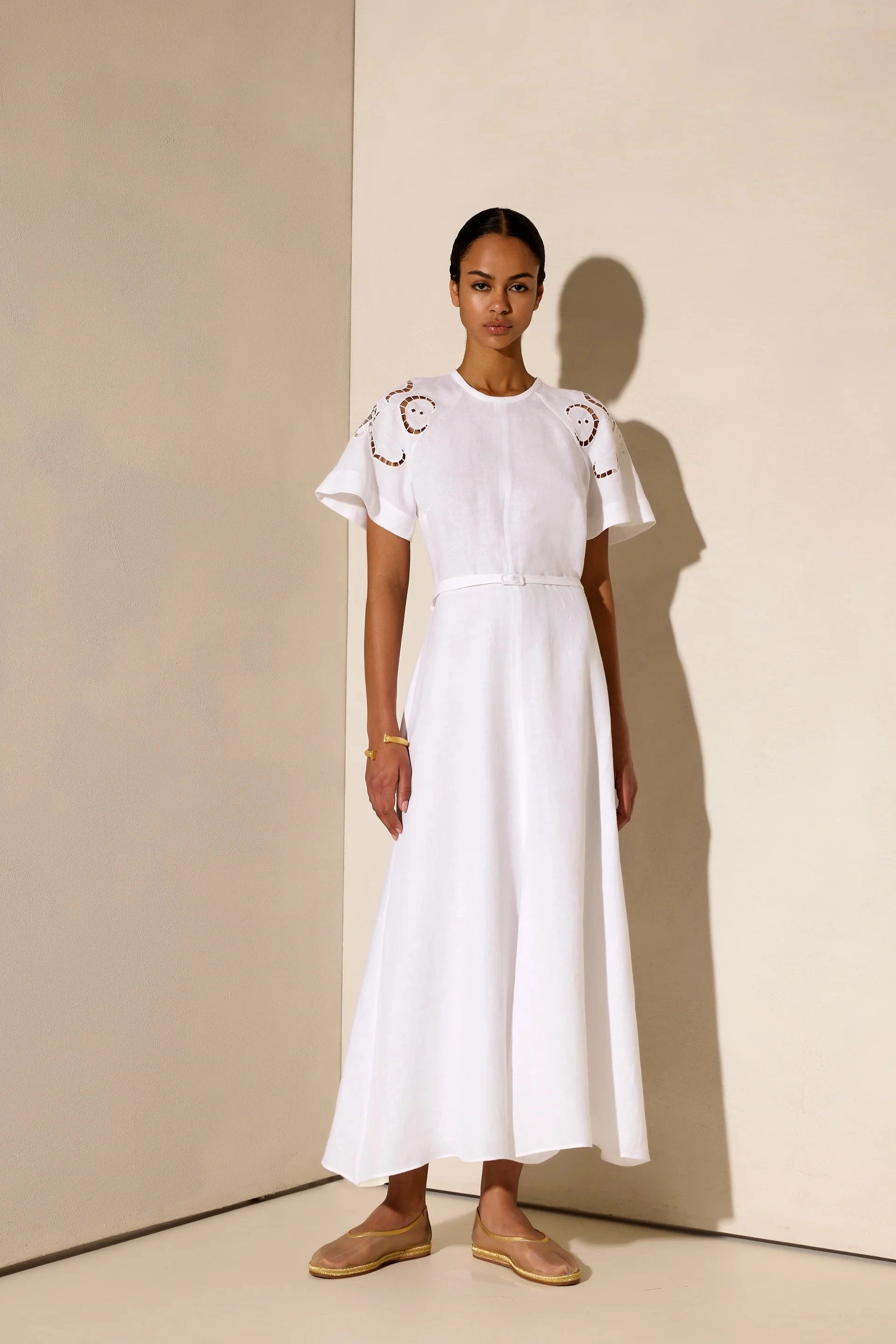 ANCIENT KALLOS Iphigenia Cut Embroidered Midi Dress White