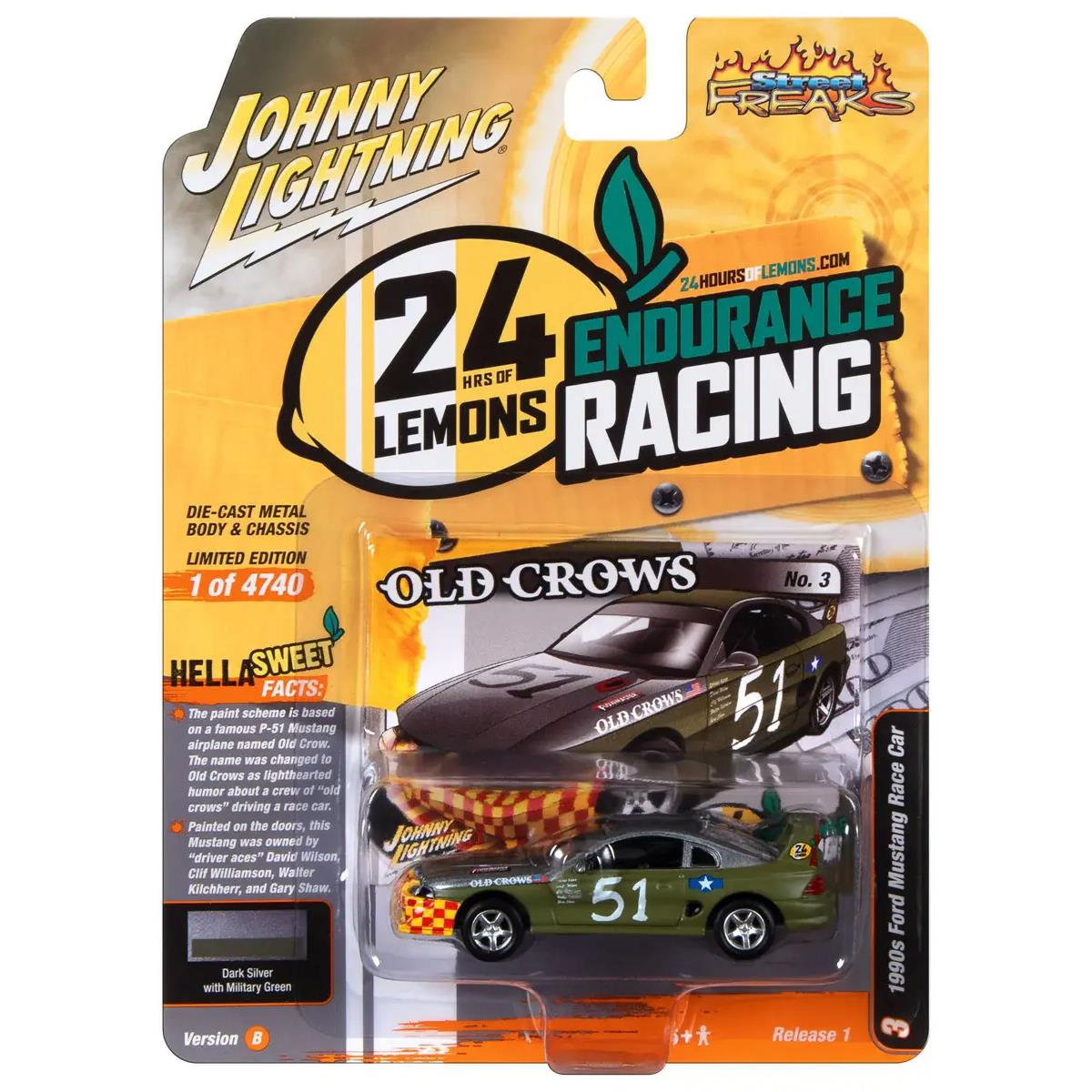 2297 Johnny Lightning  1 to 64 Scale 1990s Ford Mustang Race Car No.51 Military Green & Dark Silver Metallic Old Crows 24 Hours of Lemons to 4740 Piece Diecast Model Car