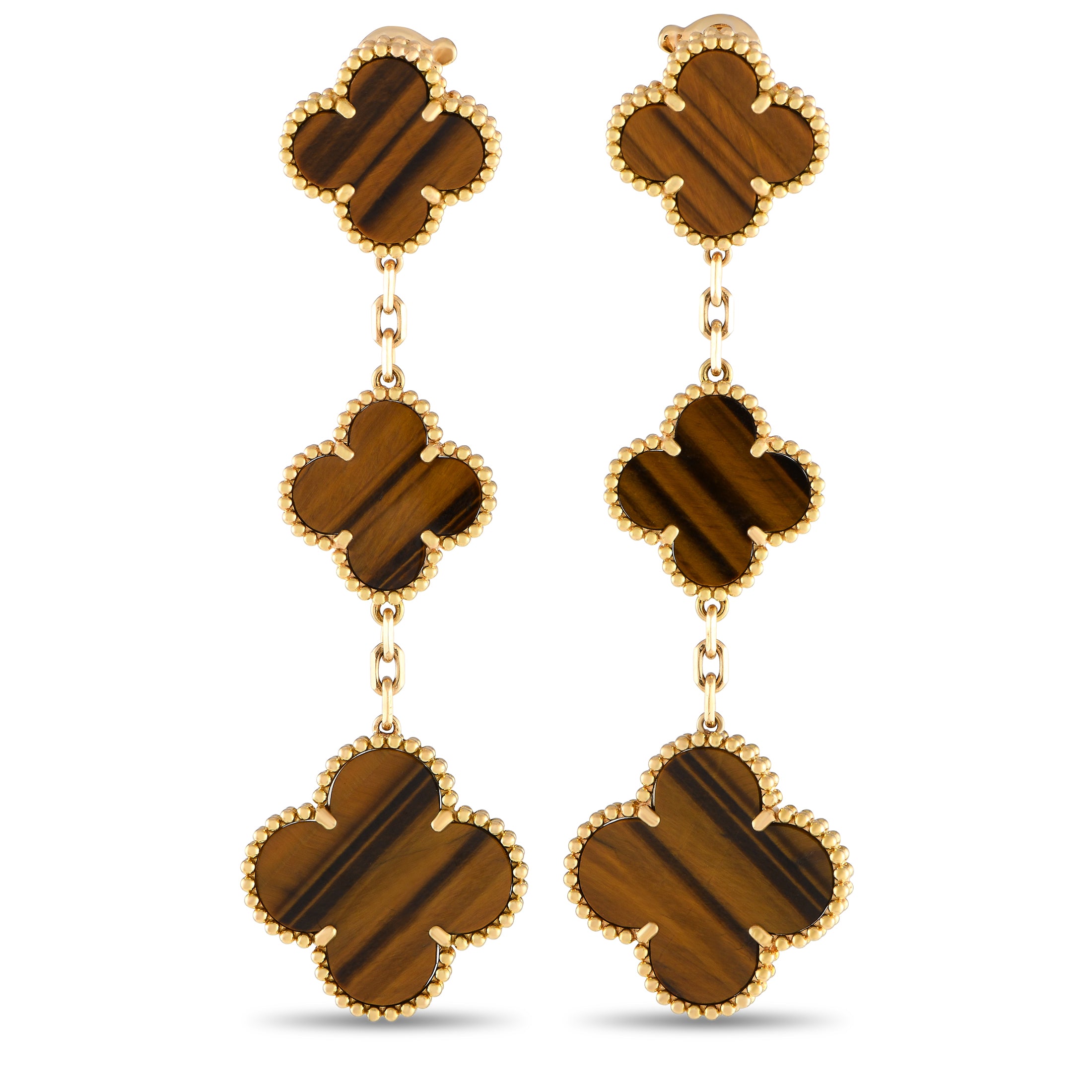 2269 Van Cleef & Arpels Alhambra 18K Yellow Gold Tigers Eye Dangle Earrings VC05 060624