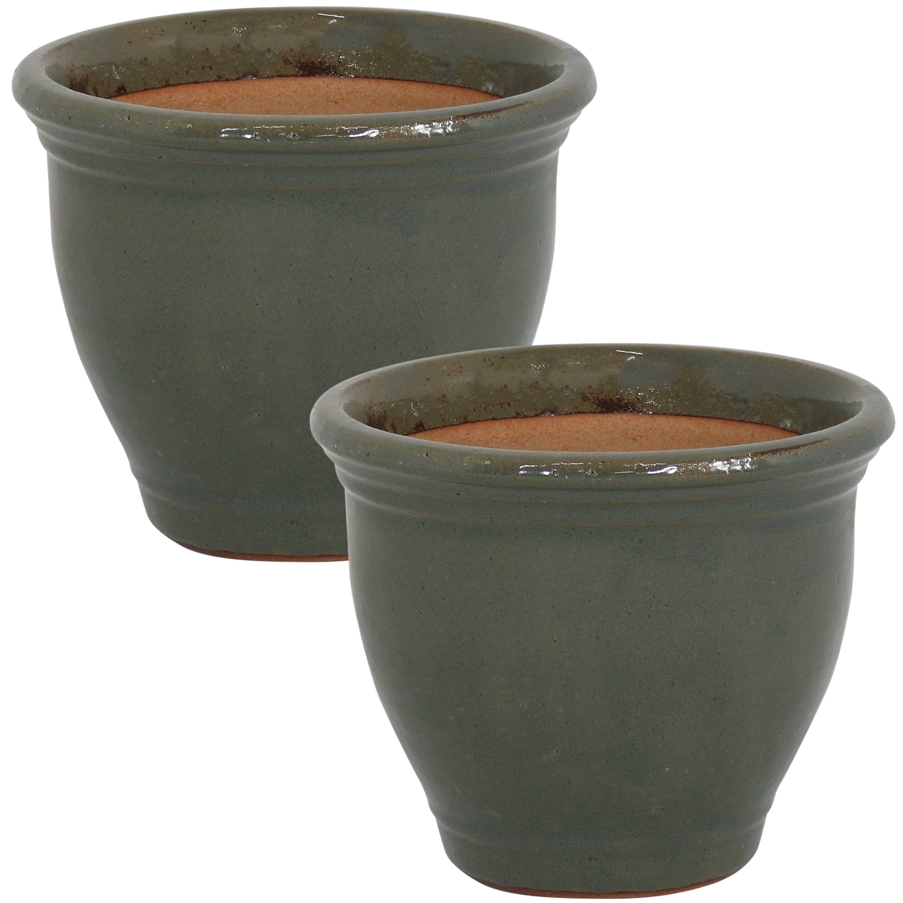2936 Sunnydaze Studio Outdoor Indoor High Fired Glazed UV  and Frost Resistant Ceramic Flower Pot Planter with Drainage Holes   9" Diameter   2 Pack