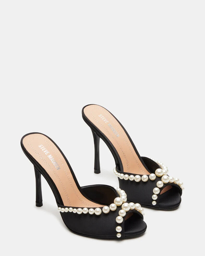 2718 Steve Madden Priya Pearl Slide Women's 9 Black Satin Stiletto Heel Sandal ZPO926