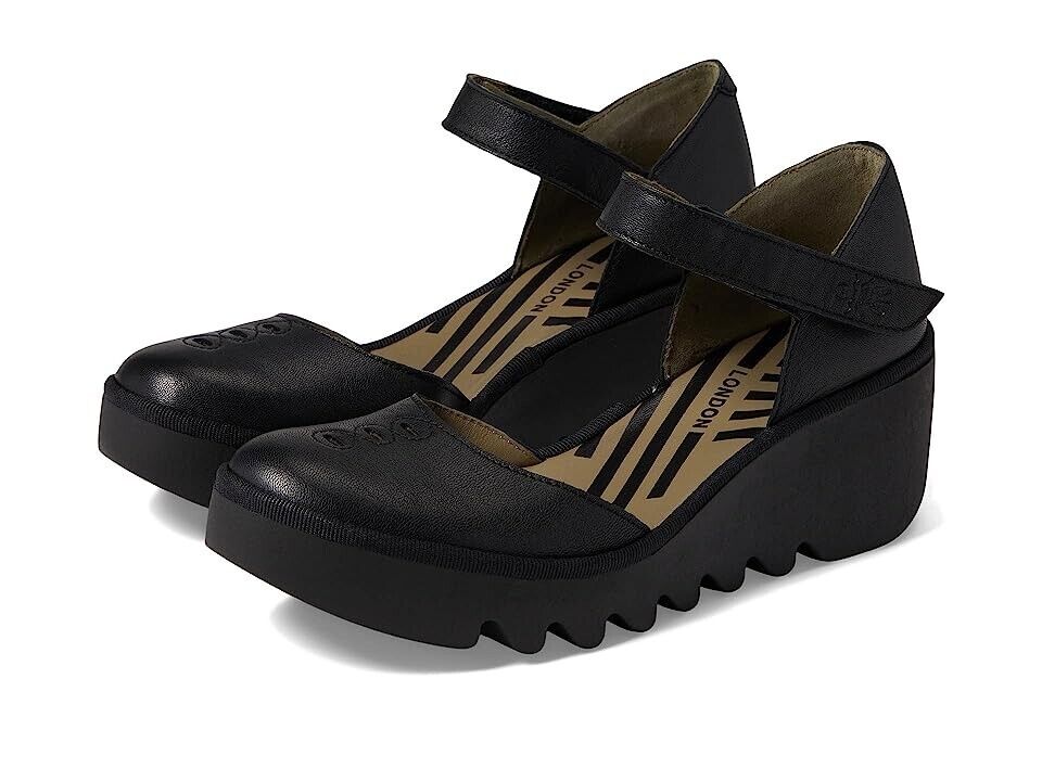 2718 Fly London BISO305FLY Sandals Women's US 7.5 8 Black Leather Ankle Strap KHD1060