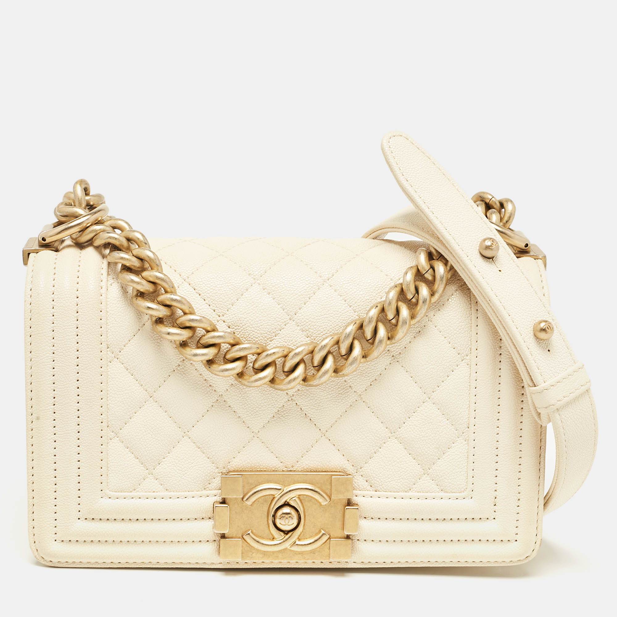 2613 Chanel Cream Quilted Caviar Leather Small Boy Flap Bag