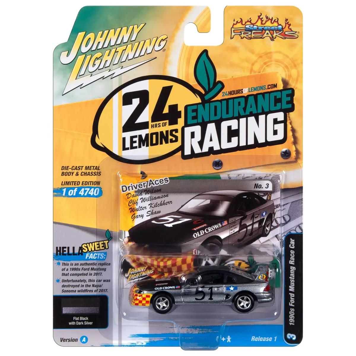 2297 Johnny Lightning  1 to 64 Scale 1990s Ford Mustang Race Car No.51 Black & Dark Silver Metallic Old Crows 24 Hours of Lemons to 4740 Piece Diecast Model Car