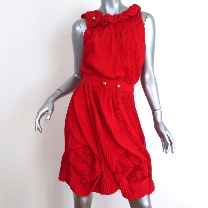 MELISSA DISHELL Fendi Dress Red Accordion Pleated Silk Size 40 Sleeveless Belted