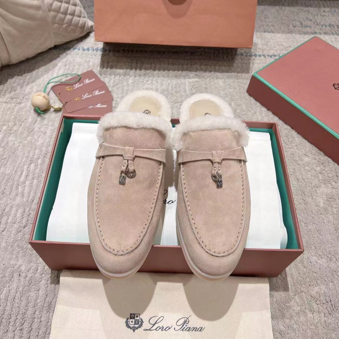 LORO PIANA SHOE LP Charms Walk Babouche Loafer Light Brown Beige Mix White Suede With Rabbit Fur Lining 206237