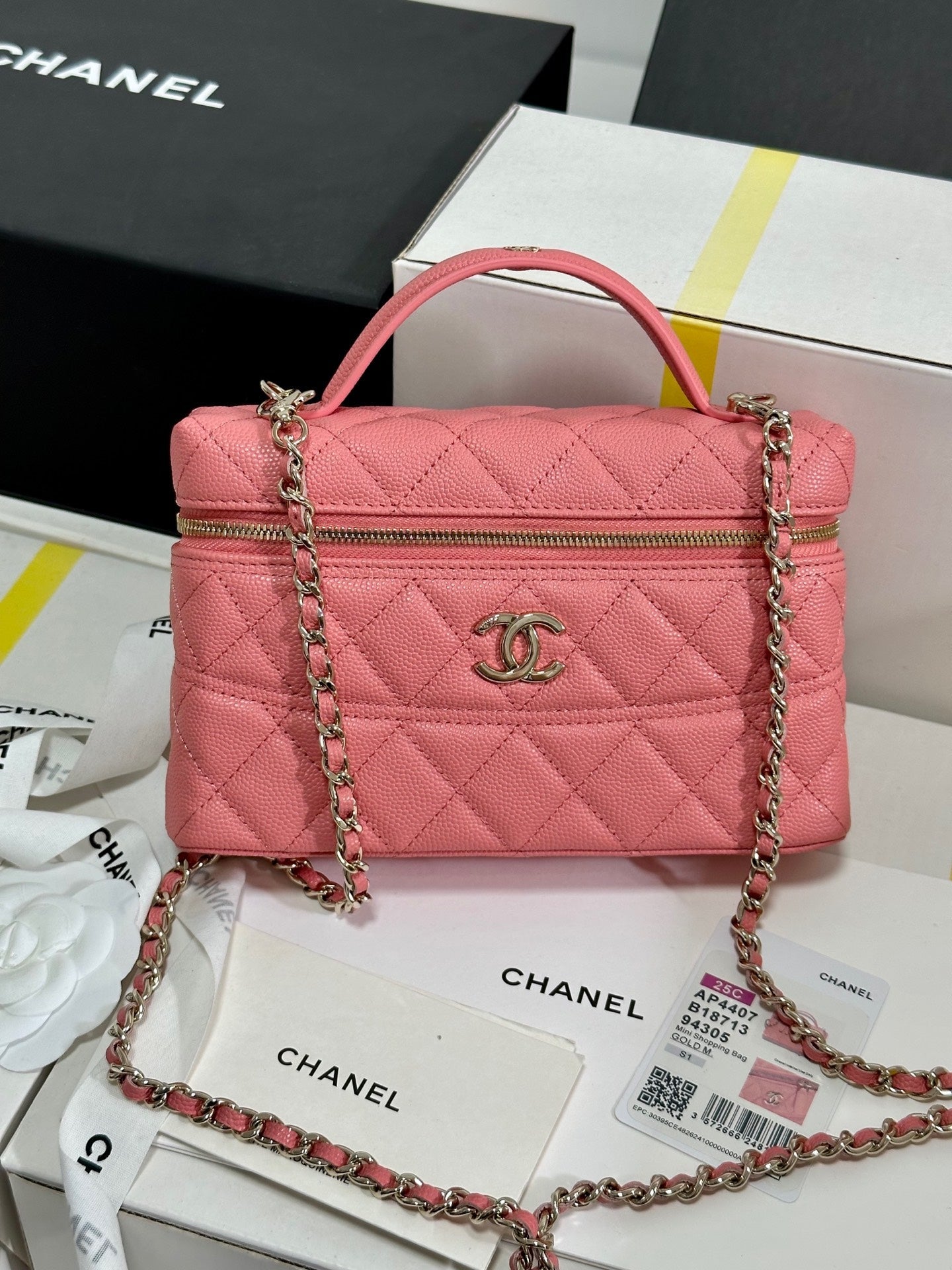 CHANEL BAG CC 25C Vanity Case 19.5cm Salmon Pink Calfskin Silver Hardware 243635
