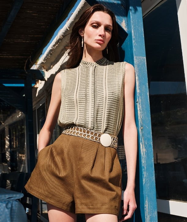 ZEUS N DIONE Hera Sleeveless Textured Silk Top Mao Neck Sage
