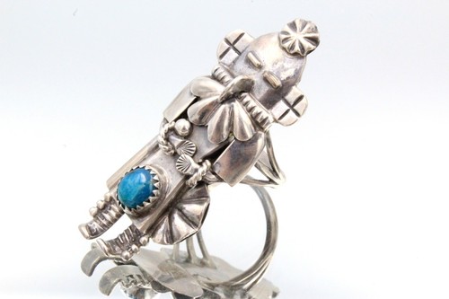 Anglo Kay Johnson Hallmarked Sterling Kachina Turquoise Elongated Ring Sz 9.5
