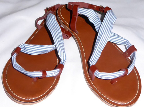 RAYE LOFT BLUE WHITE STRIPE SKINNY STRAPPY SANDALS FLAT LEATHER & FABRIC THONG 8M 8