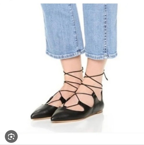 LOEFFLER RANDALL   Ambra Point Toe Leather Lace Up Flats Black Sz 6B