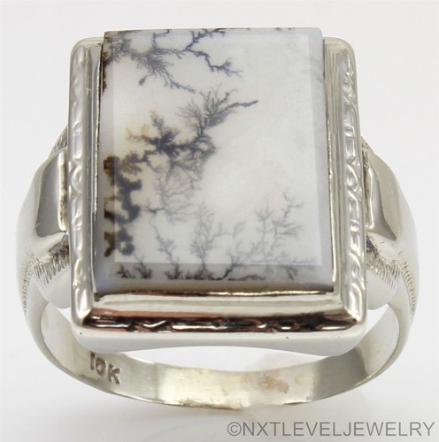 Antique 1920's Art Deco RARE Dendritic Agate Milgrained 10k Solid Gold Mens Ring
