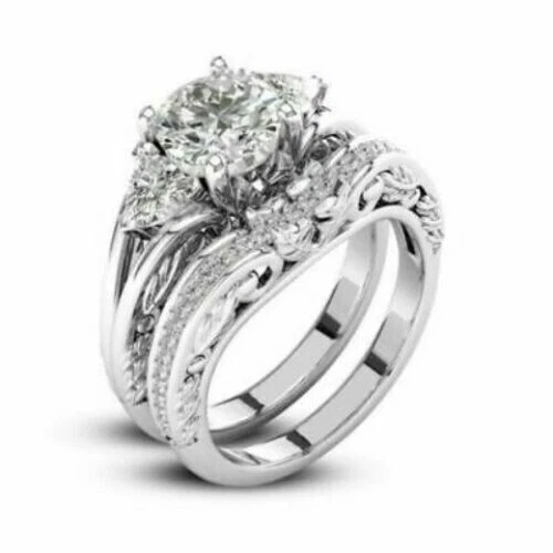 Bridal Ring Set 3.50Ct Round Cut Three Diamond 14k White Gold Simulated Size 6