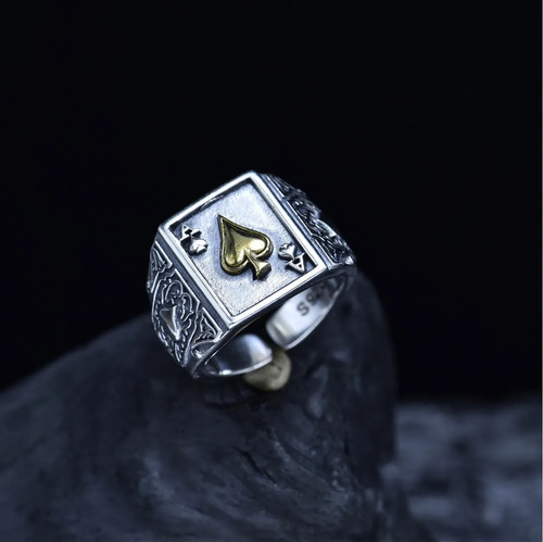 S925 Sterling Silver Ace of Spades Ring with Gold Accent   Adjustable