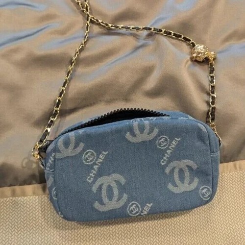 Chanel Denim Beaute makeup bag with chain