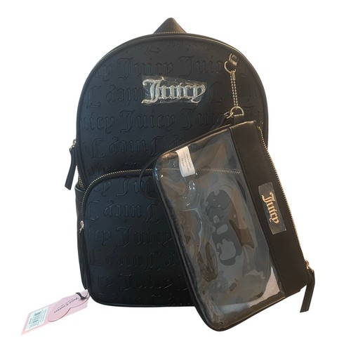 Juicy Couture Debossed Licorice Black Backpack & Pouch Set Travel School Gift