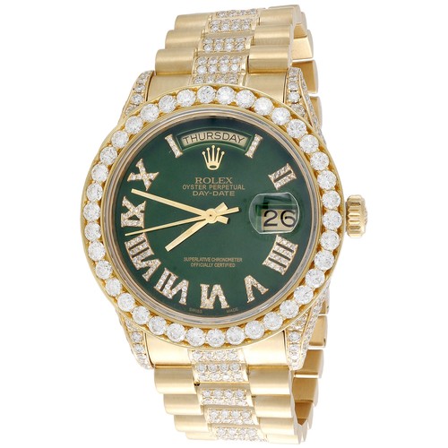 18K G 36mm Rolex President Day Date 18038 Diamond Watch Green Dial 10.27 CT.