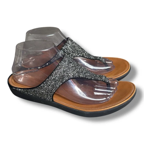 FitFlop Banda II Quartz Thong Sandal GLITTERY Black Silver Women's Size 9