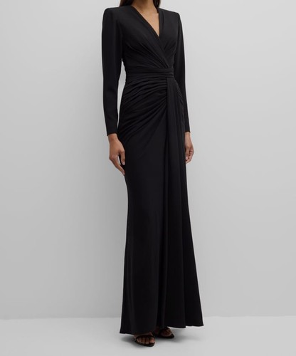 Zuhair Murad Women's Black Silk Draped V Neck Long Sleeve Gown Dress Size 4