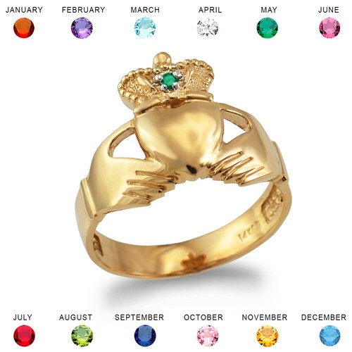 Yellow Gold Claddagh Mens Birthstone CZ Ring
