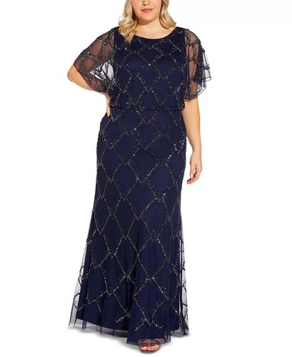 Adrianna Papell L84815 Navy Flounce Sleeve Blouson Beaded Gown Size 18W