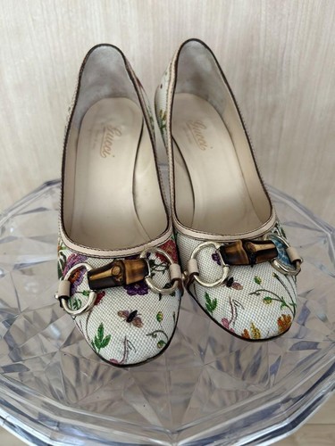 GUCCI Pumps Heel Horsebit Floral Canvas Multicolor EU36 US6 Japan F/S U