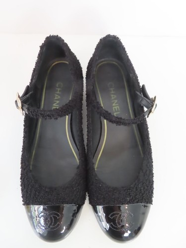 CHANEL Black Boucle Patent CC Logo Cap Toe Mary Jane Ballet Flats 38.5 US 8.5